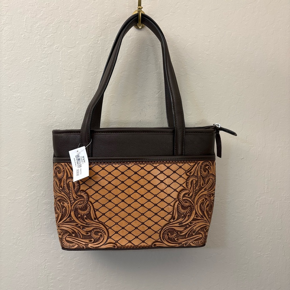 SVK Genuine Leather Hand Tooled Dark Brown & Tan Shoulder Bag Purse NWT